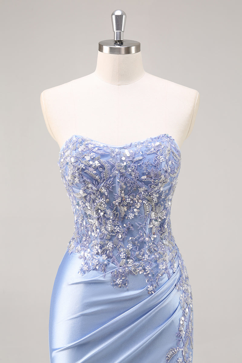 Load image into Gallery viewer, Mermaid Burgundy Strapless Sequin Long Prom Dress with Beading