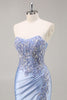 Load image into Gallery viewer, Mermaid Burgundy Strapless Sequin Long Prom Dress with Beading