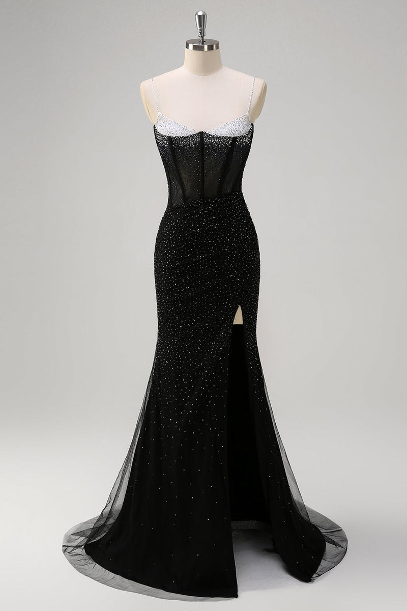 Load image into Gallery viewer, Sparkly Black Mermaid Spaghetti Straps Corset Beaded Long Prom Dress with Slit
