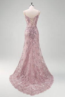 Sparkly Grey Pink Mermaid V-Neck Sequined Prom Dress with Lace Up Back
