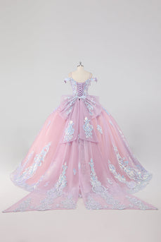 Princess Blush Pink Off the Shoulder Sequined Rhinestones Tulle Quinceanera Dress with Bow