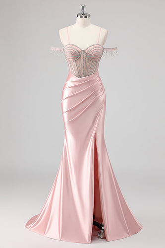 Mermaid Cold Shoulder Beaded Long Pink Prom Dress with Slit
