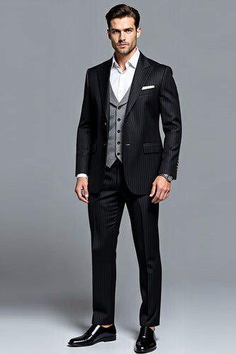 Black Peak Lapel Stripe 3 Pieces Men's Party Suits