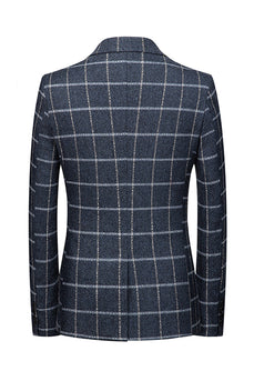 Dark Blue Plaid Notched Lapel Men's Blazer with Pockets