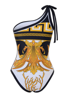 Print One Shoulder Golden Swimsuit