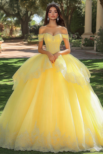 Yellow Ball Gown Appliqued Tulle Long Quinceanera Dress with Ruffles