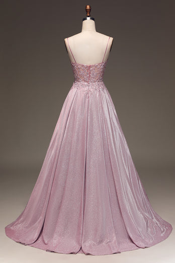 Sparkly A-Line Spaghetti Straps Blush Prom Dress with Beading