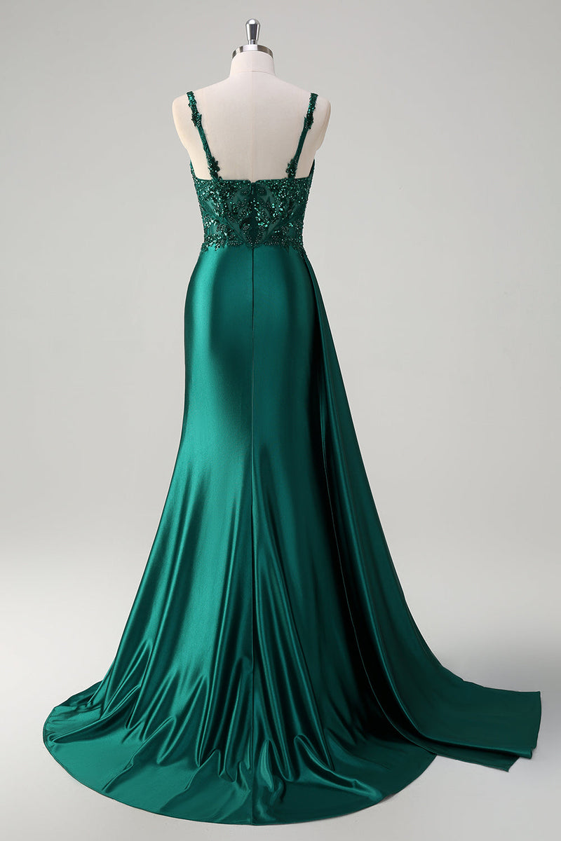 Load image into Gallery viewer, Blue Mermaid V-Neck Satin Long Appliques Sequin Prom Dress With Slit