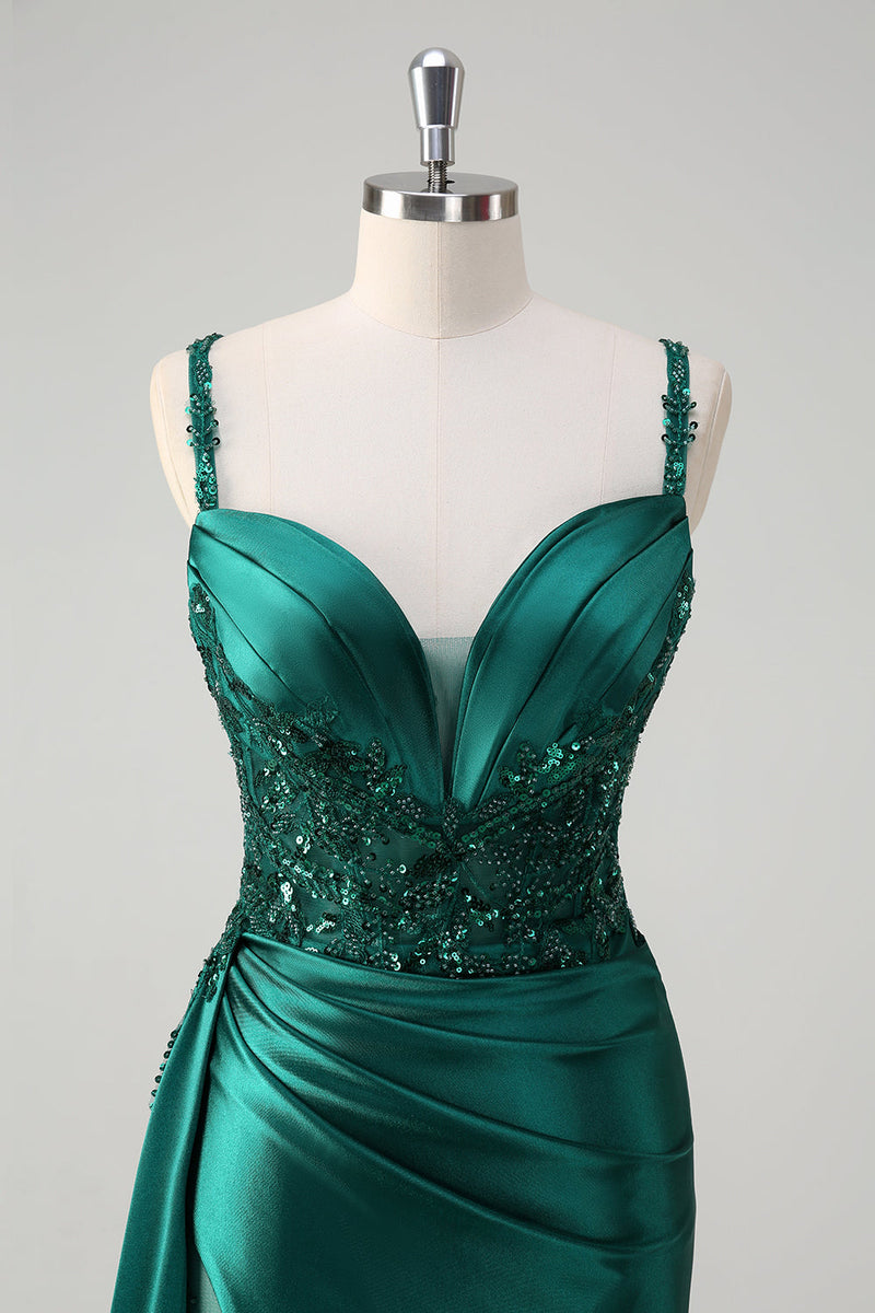 Load image into Gallery viewer, Blue Mermaid V-Neck Satin Long Appliques Sequin Prom Dress With Slit