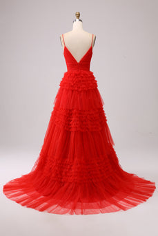 Red Tiered Spaghetti Straps Princess Prom Dress with Slit