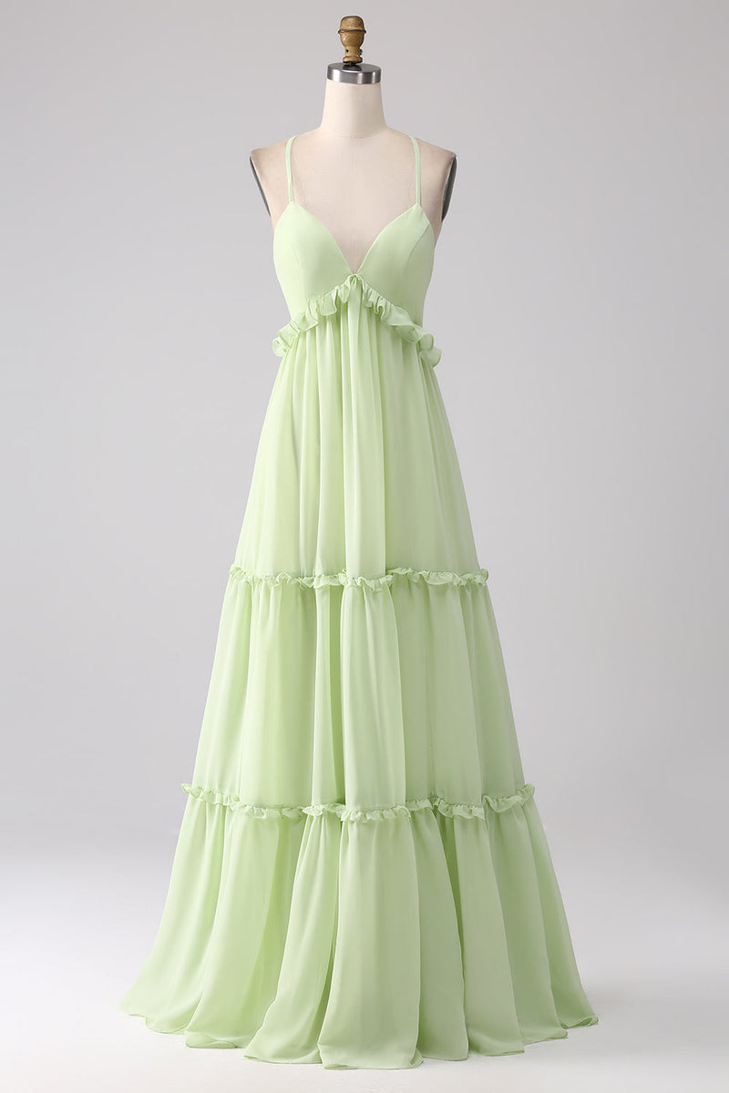 Load image into Gallery viewer, Ruffles A Line Green Bridesmaid Dress with Lace-up Back