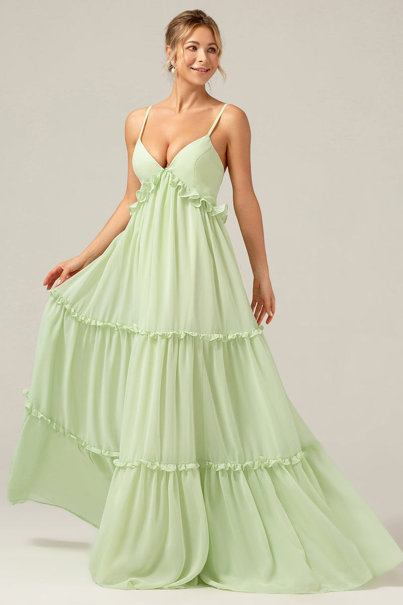 Load image into Gallery viewer, Ruffles A Line Green Bridesmaid Dress with Lace-up Back