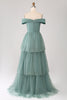 Load image into Gallery viewer, Grey Green A Line Off the Shoulder Tiered Tulle A Line Prom Dress
