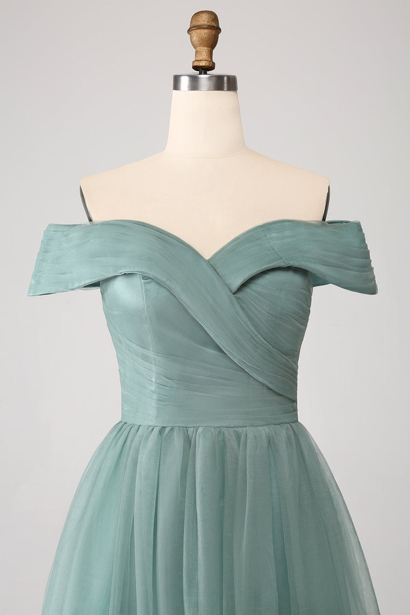 Load image into Gallery viewer, Grey Green A Line Off the Shoulder Tiered Tulle A Line Prom Dress