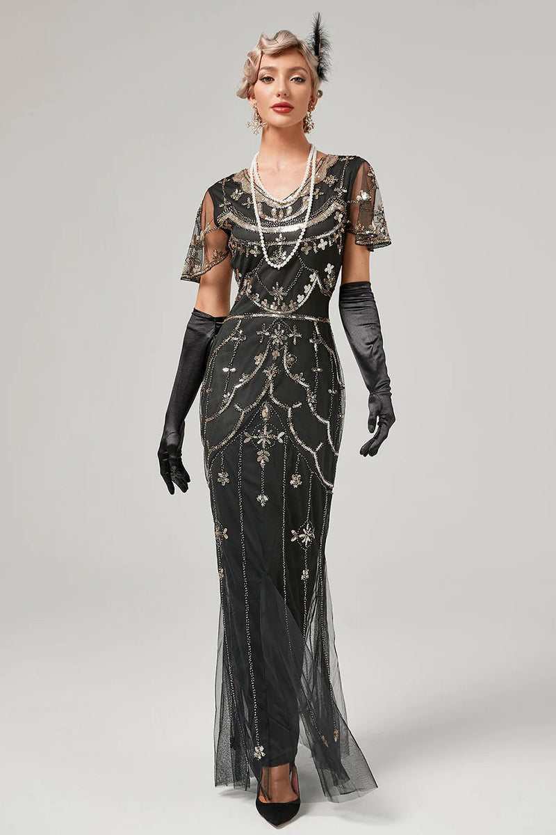Load image into Gallery viewer, Black Beaded Long Flapper Dress with 1920s Accessories Set