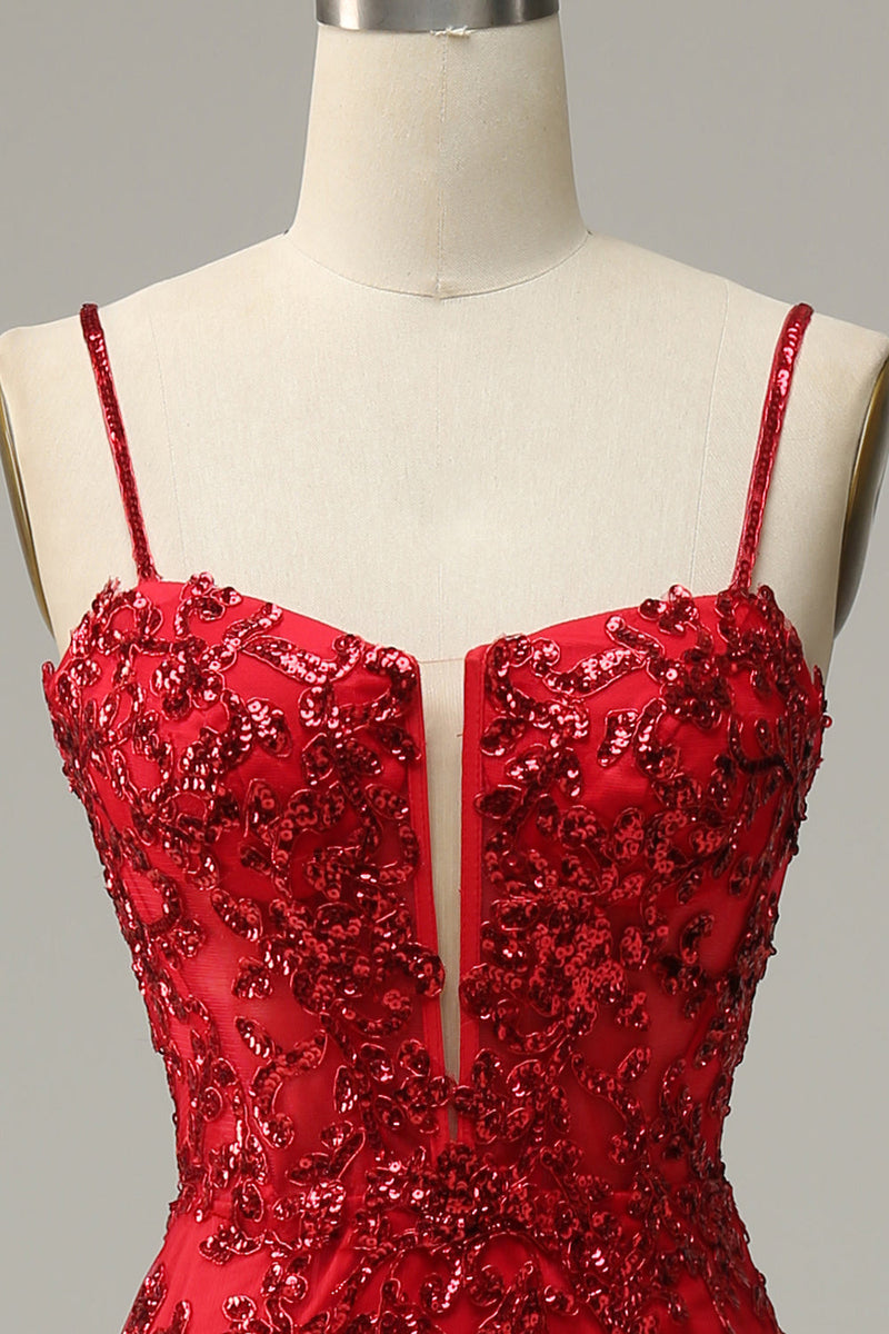 Load image into Gallery viewer, Mermaid Spaghetti Straps Red Sequins Long Prom Dress with Split Front