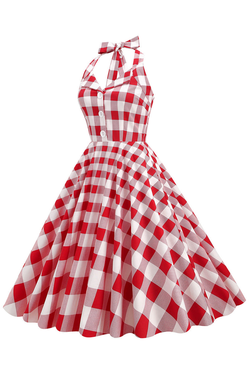 Load image into Gallery viewer, Red Plaid Halter 1950s Swing Dress