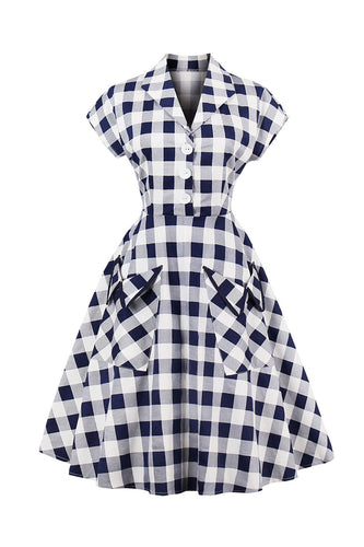 Navy Plaid Lapel Neck 1950s Dress with Pockets