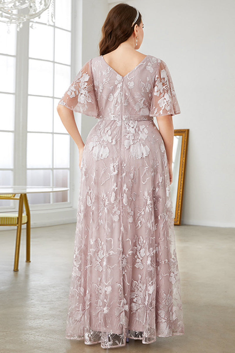 Load image into Gallery viewer, Grey Pink A-Line V-Neck Embroidered Plus Size Prom Dress