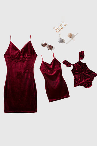 Burgundy Velvet Slip Dresses Mom Daughter Family Matching Outfits