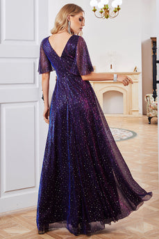 Sparkly V-Neck Purple Formal Dress with Short Sleeves