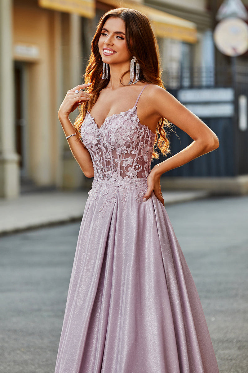 Load image into Gallery viewer, Sparkly A-Line Spaghetti Straps Blush Prom Dress with Beading