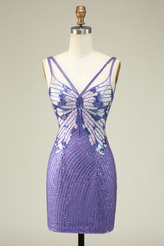 Sheath Spaghetti Straps Purple Sequins Short Graduation Dress