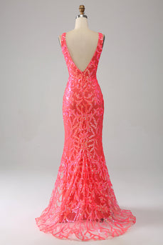 Charming Mermaid Deep V Neck Sparkly Sequin Prom Dress with Embroidery