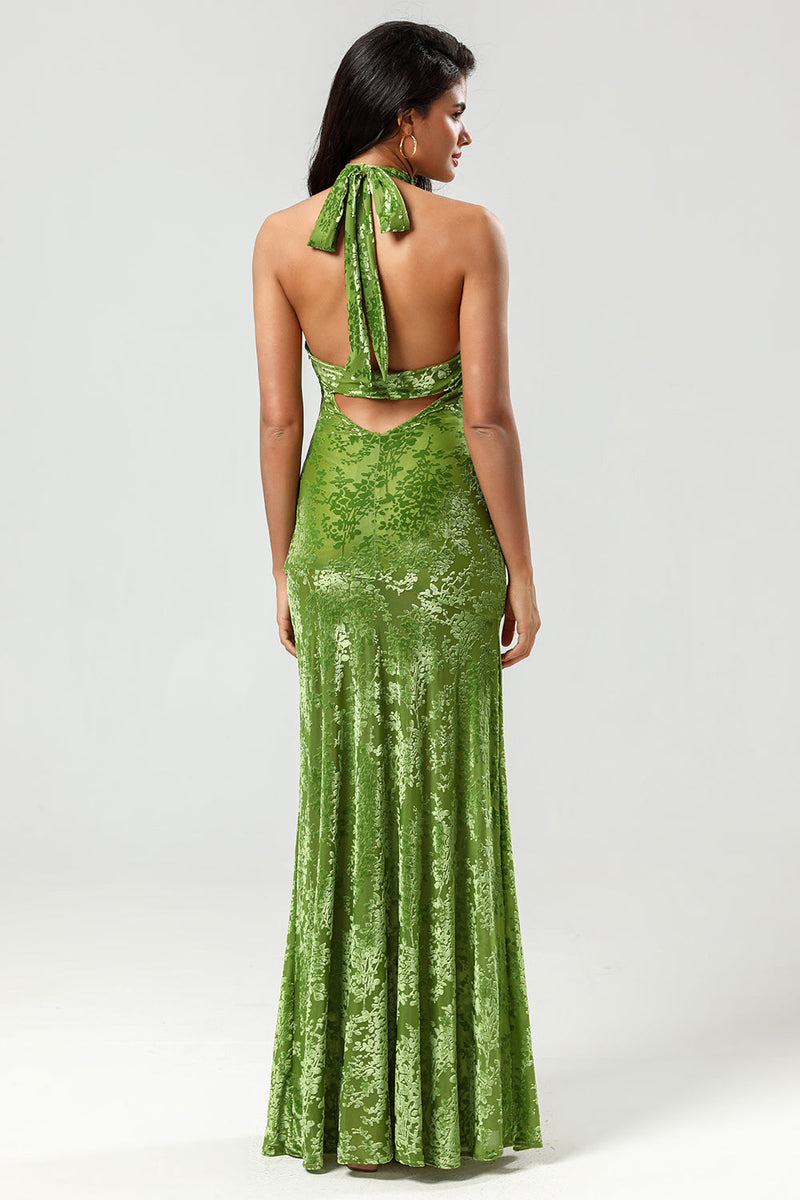 Load image into Gallery viewer, Mermaid Halter Neck Velvet Long Olive Green Bridesmaid Dress