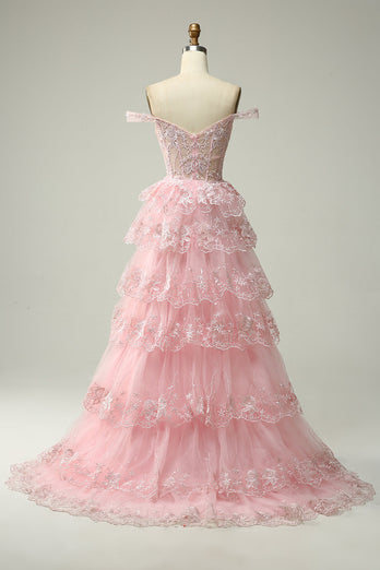 Trendy A Line Off the Shoulder Fuchsia Corset Prom Dress with Split Front
