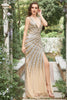 Load image into Gallery viewer, Mermaid Deep V Neck Golden Beading Long Prom Dress with Split Front