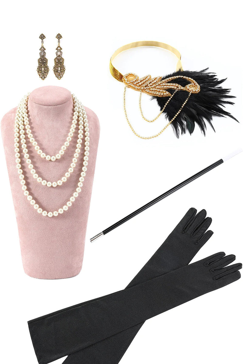 Load image into Gallery viewer, Black and Golden Short Sleeves Sequined Fringes 1920s Gatsby Flapper Dress with 20s Accessories Set