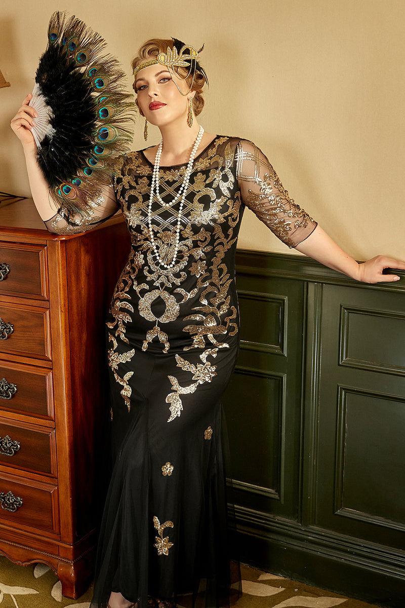 Load image into Gallery viewer, Black and Golden Plus Size 1920s Gatsby Dress with 20s Acessories Set