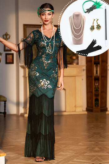 Dark Green Sequined Fringed Long 1920s Gatsby Dress with Accessories Set