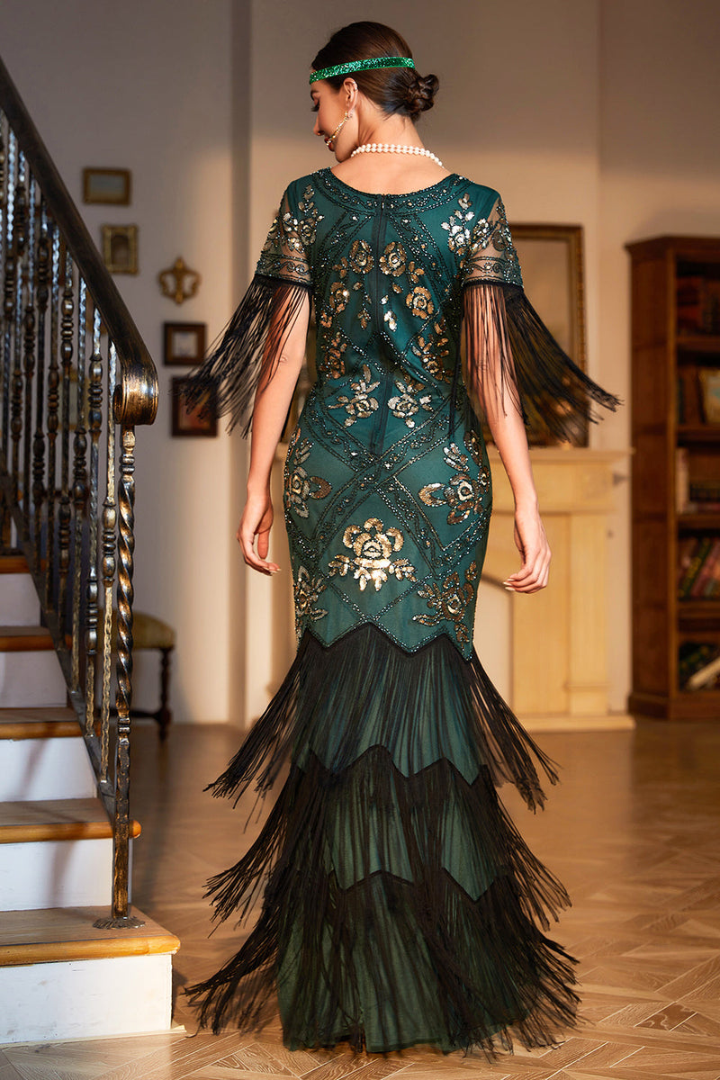 Load image into Gallery viewer, Dark Green Sequined Fringed Long 1920s Gatsby Dress with Accessories Set
