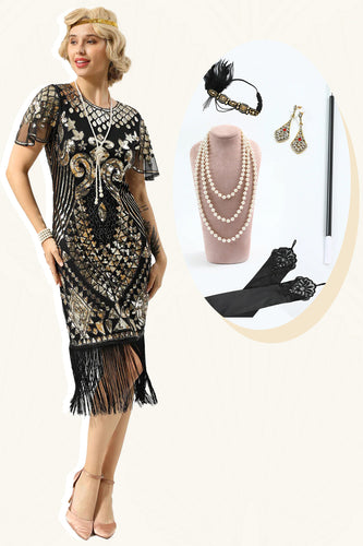 Black Sequins Fringed Cap Sleeves 1920s Dress with Accessories Set