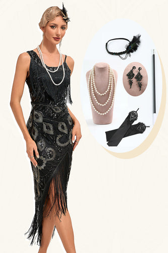 Glitter Black Fringed Sequins 1920s Gatsby Dress with 20s Accessories