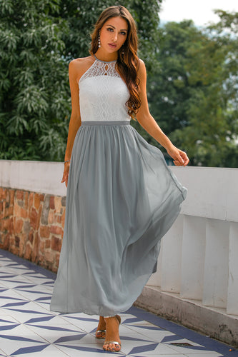 Grey Halter Lace Wedding Guest Dress